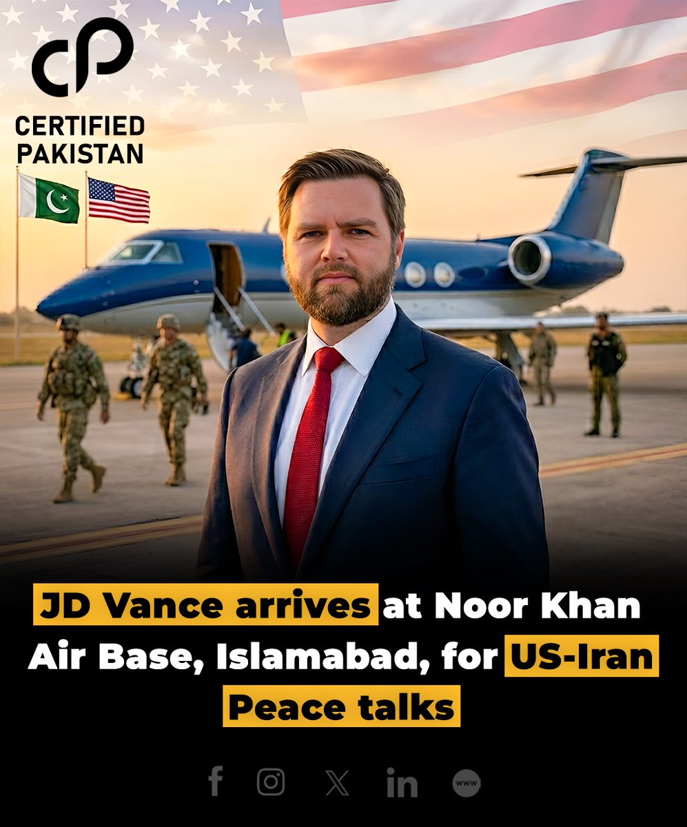 certified28919's tweet photo. JD Vance arrives at Noor Khan Air Base, Islamabad, for US-Iran Peace talks

Website: https://t.co/WBIqAa3cnL

#islamabad #rawalpindi #securitylockdown #certifiedpakistan https://t.co/SV6Zl0pdDB
