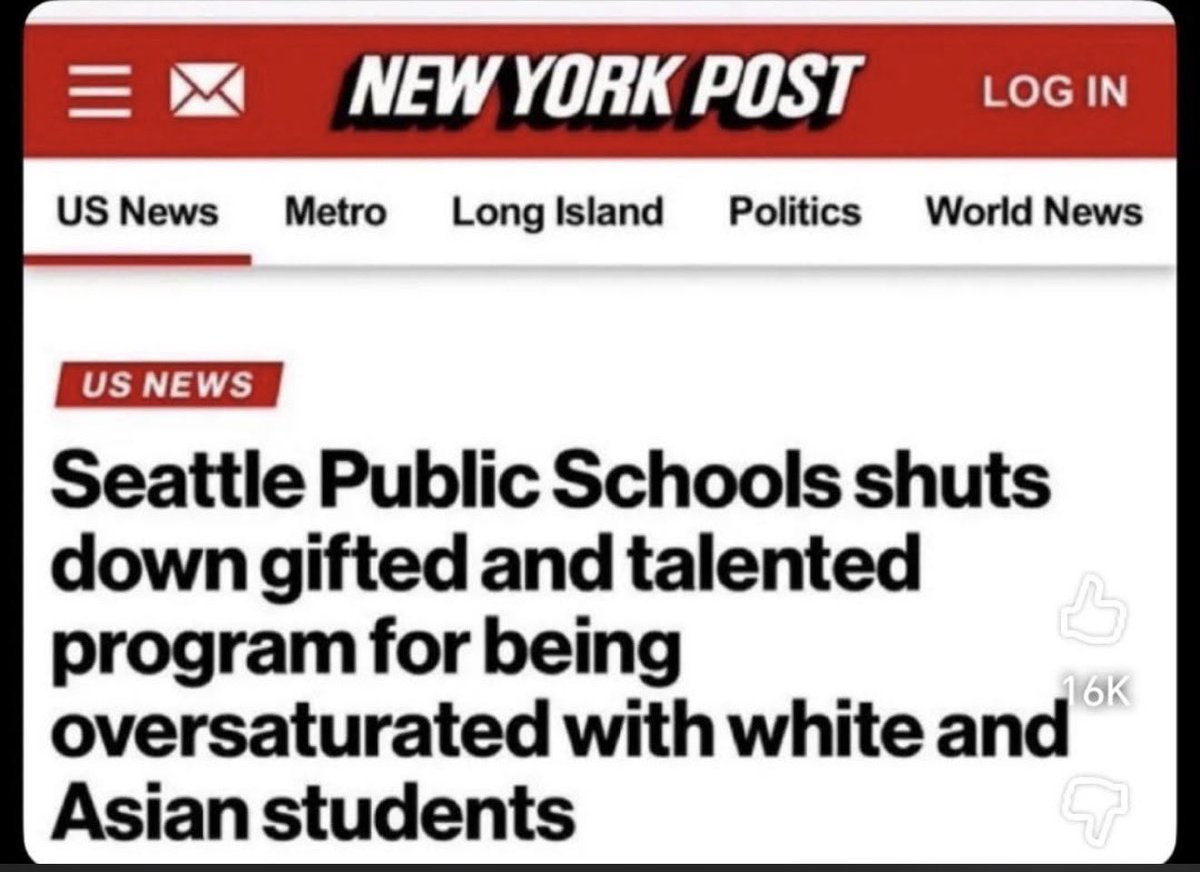 AmericanMama's tweet image. This is blatant racial discrimination against high-achieving white and Asian kids.

Seattle Public schools decision to phase out its highly capable cohort gifted program (HCC) because it’s “too white and Asian”—52% white, 16% Asian, just 3.4% Black. 

They’re ripping away