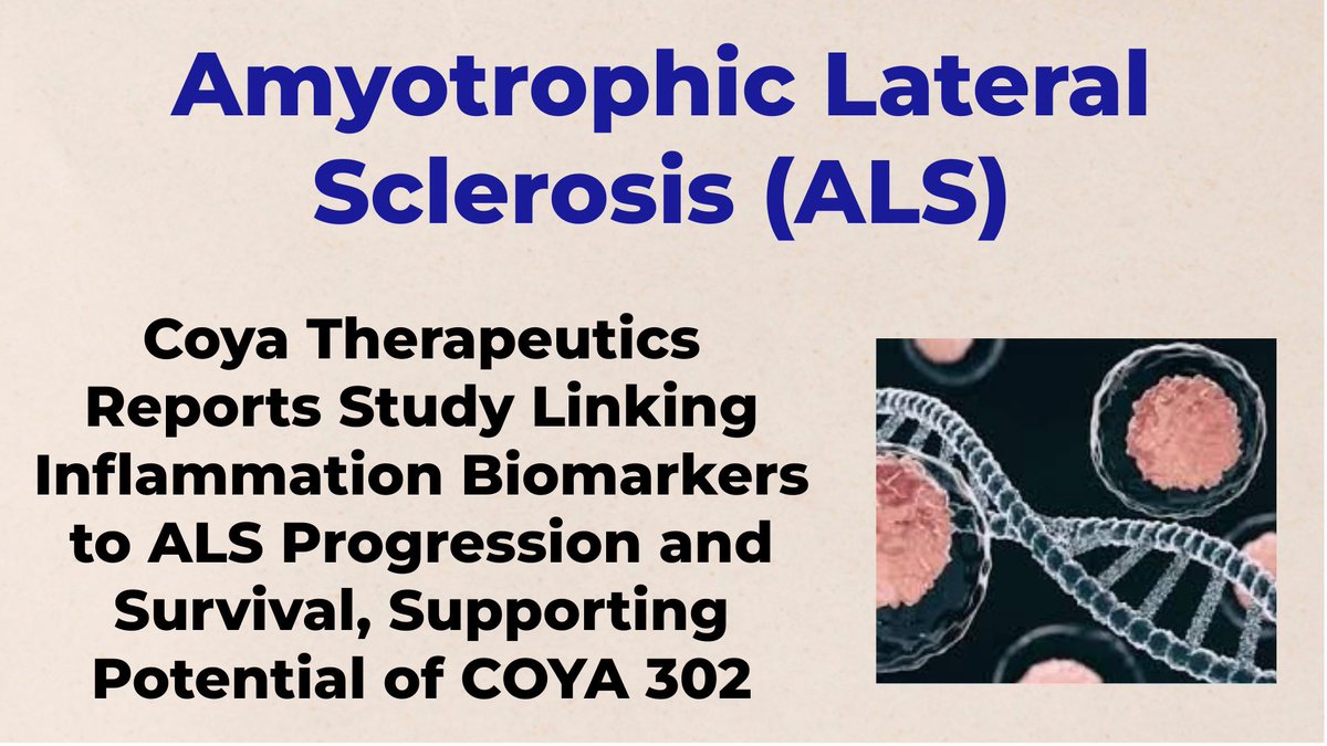 CheckOrphan's tweet image. Coya Therapeutics, Inc. Reports Study Linking Inflammation Biomarkers to ALS Progression and Survival, Supporting Potential of COYA 302 - For More Information Visit  shorturl.at/4dFN1  @CoyaTx  #ALS  #Rare_Diseases  #Amyotrophic_Lateral_Sclerosis  #Orphan_Drugs