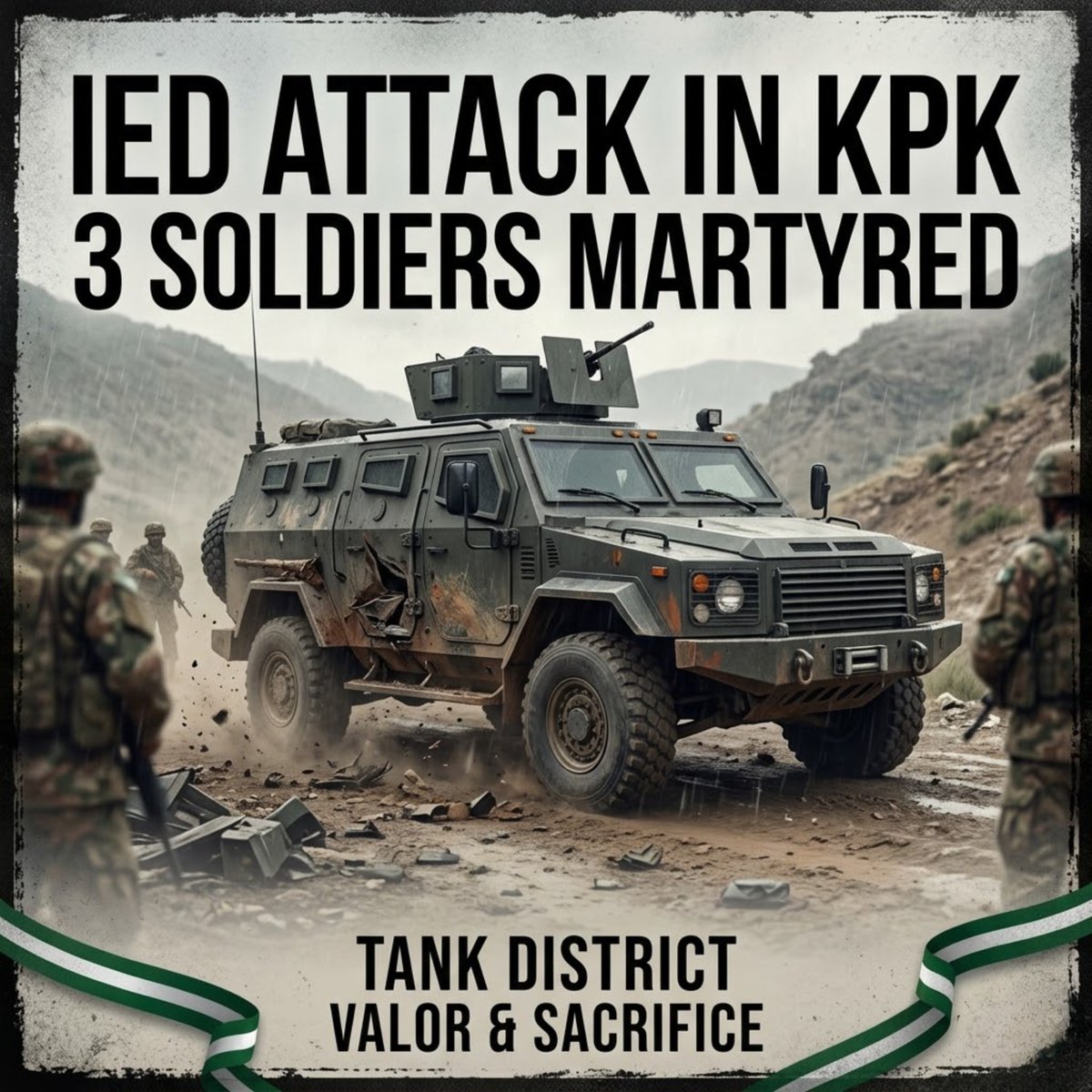 DrAmmaraNaqvi's tweet photo. 🚨 3 soldiers martyred in an IED attack targeting a military vehicle in Tank district, KPK. Security forces have launched a response operation. #Pakistan #KPK #Security https://t.co/5FhCBZMsim