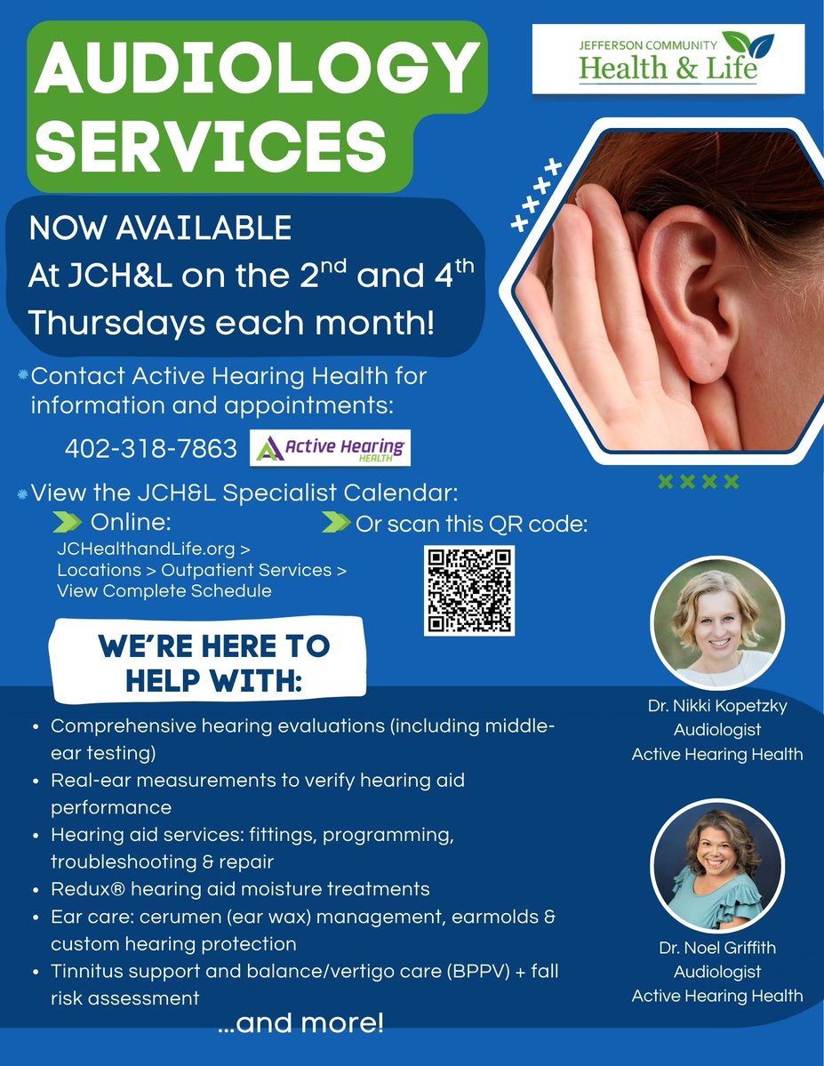 👂 Audiology services at JCH&amp;L are off to a great start!
Our first clinic day with Dr. Nikki Kopetzky was exceptional. Services are now available twice a month. Call Active Hearing Health at 402-318-7863 to schedule.