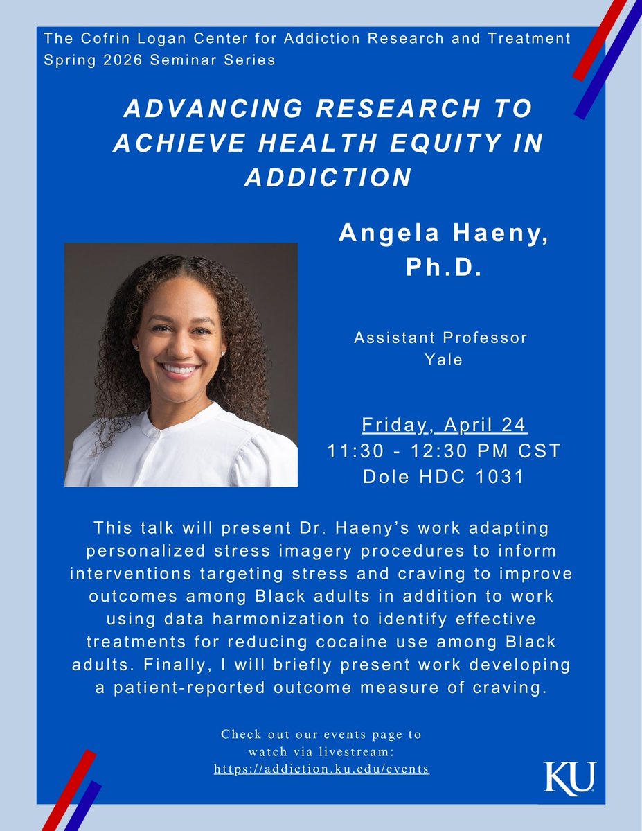 AddictionKU's tweet photo. Join us in 2 weeks for our third and final Spring Seminar as Dr. Angela Haeny of @YaleMed presents "Advancing Research to Achieve Health Equity in Addiction"

🗓️Friday, April 24
🕦11:30 AM CST, Dole HDC 1031
📽️Livestream: https://t.co/2rs3ZVINfD https://t.co/0MkbrImizm