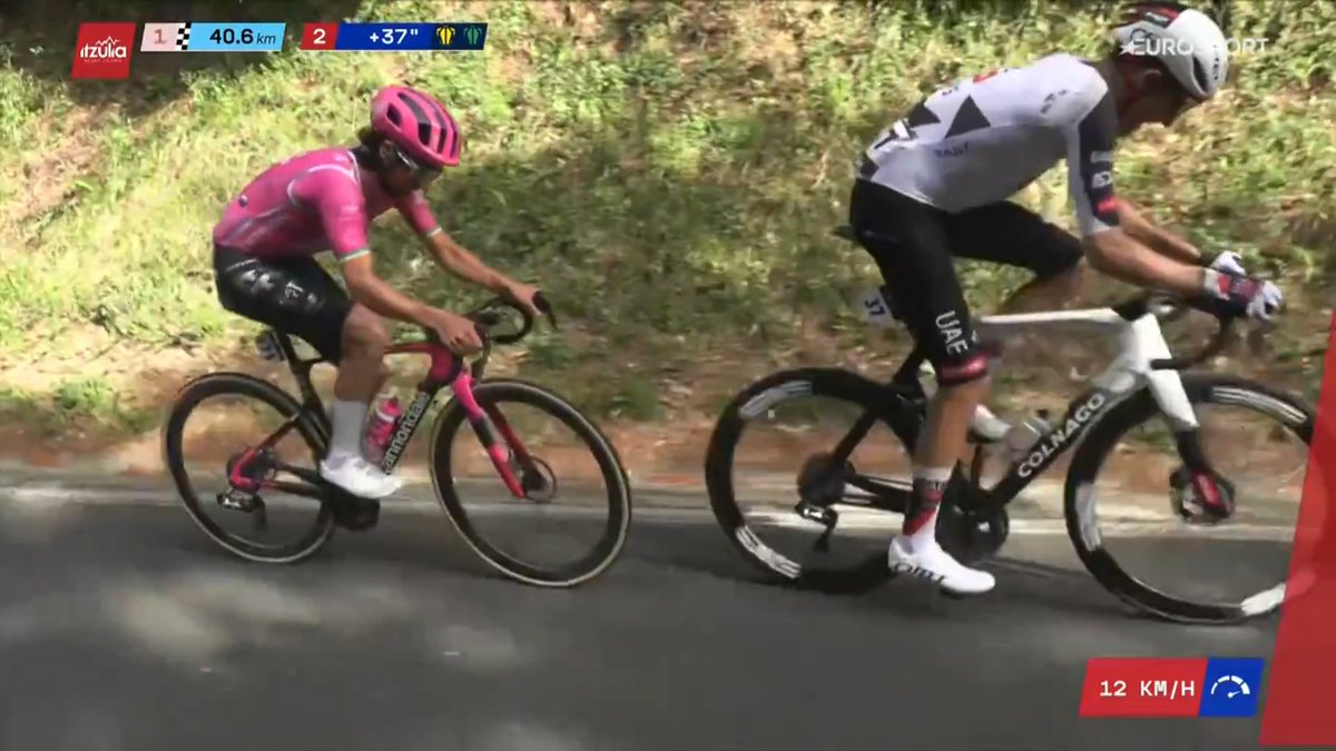 faustocoppi60's tweet image. 40 km to go. Two natural attackers, Marc Soler and Ben Healy have 40 seconds lead on the Yellow Jersey group. I think they need two minutes at the foot of Ixua to have a chance at the stage win. Decathlon should give them a big gap but maybe Seixas wants to win?

#Itzulia2026