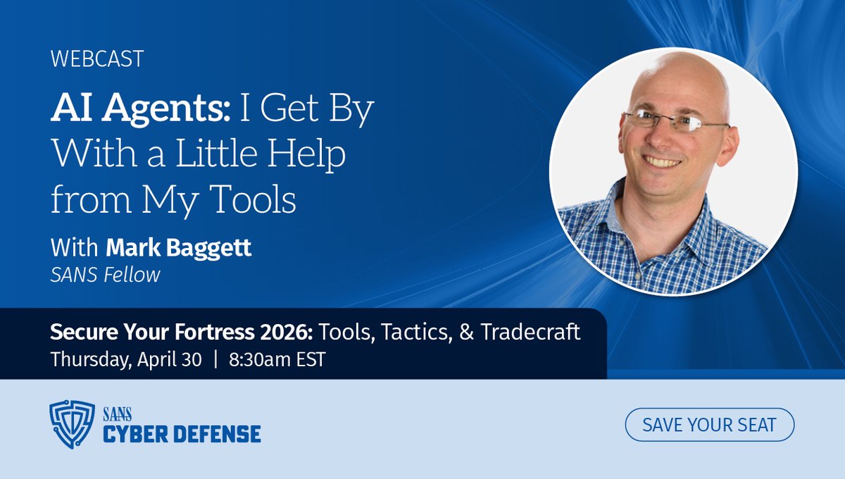 MarkBaggett's tweet photo. I am excited to share that I'll be hosting a FREE all-day online security conference.  It is called Secure Your Fortress, and it is hosted by SANS Institute on Thursday, April 30th!

In addition to hosting the event I'll be giving two talks.  The first talk titled "AI Agents - I get by with a little help from my tools" will dig into AI Agents limitations and how we can make them more functional to accomplish infosec tasks.  My second talk with dig into some advanced Python concepts to unlock the power multi-threading and multi-processing.  For that one, perhaps a "talk" isn't even the right word.  Its more of a hand-on workshop called "Back To The Futures". You'll be able to follow along and work through the code as I explain it. 

If that isn't enough there is a whole host of other wonderful speakers and presenters. So don't miss it!  Bring your web browser, curiosity and a desire to learn something new.

It's completely free to attend — register now and join us!
👉 https://t.co/AqLVpiVbee

#CyberSecurity #InfoSec #CyberDefense #SecureYourFortress @SANSAPAC @SANSEMEA @SANSInstitute @SANSDefense