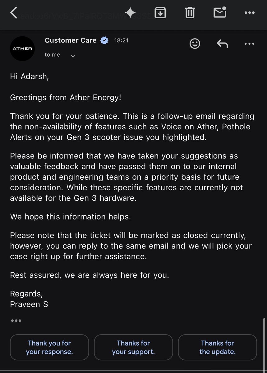 adarshmarathe22's tweet photo. It’s really frustrating that you guys have cheated on us due to Hardware capabilities for Gen 3 vehicles where Voice on Ather , Pothole detection and Crash alerts will not be rolled out.
Fake Marketing to acquire new customers.
@tarunsmehta @swapniljain89 @atherenergy https://t.co/7DVlphSpyU