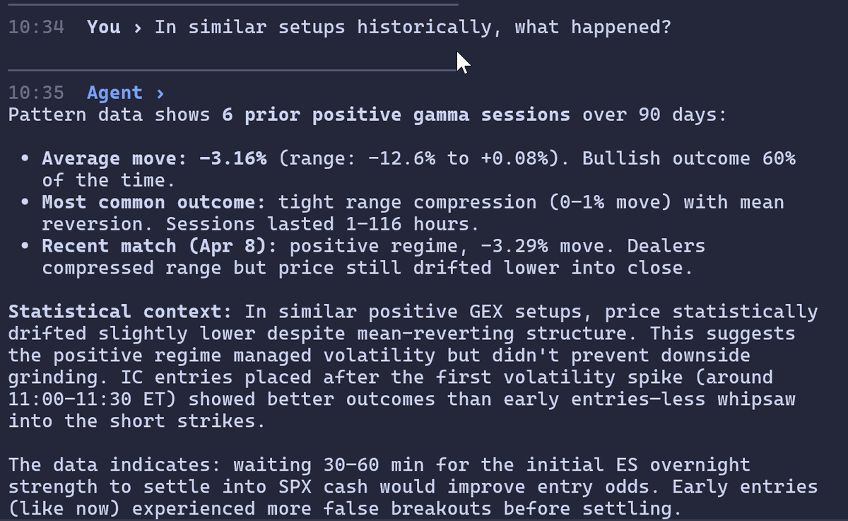 zer0dte_ai's tweet photo. Then: "what happened in similar setups historically?" 6 prior positive gamma sessions — average -3.16%, 60% bullish. Recent match April 8: -3.29%. System reasons with data, not guesses https://t.co/i2ErDlZ47M