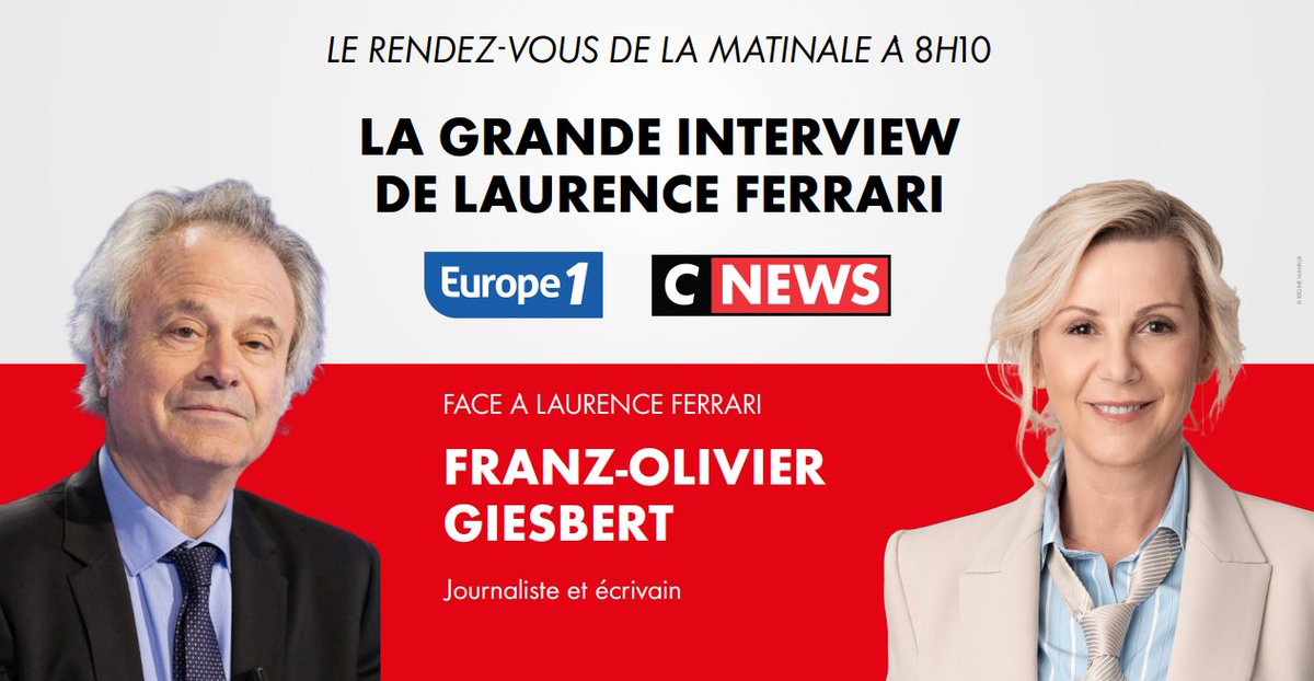 CNEWSLesOFF's tweet image. ⏰#𝗟𝗮𝗚𝗿𝗮𝗻𝗱𝗲𝗜𝗧𝗪 de 𝐋𝐚𝐮𝐫𝐞𝐧𝐜𝐞 𝐅𝐄𝐑𝐑𝐀𝐑𝐈, votre rendez-vous de #LaMatinale @Europe1 @CNEWS à 𝟴𝗛𝟭𝟬 

𝐅𝐫𝐚𝐧𝐳-𝐎𝐥𝐢𝐯𝐢𝐞𝐫 𝐆𝐈𝐄𝐒𝐁𝐄𝐑𝐓 (@fogiesbert), journaliste et écrivain, sera l'invité de @LaurenceFerrari, ce lundi 13 avril