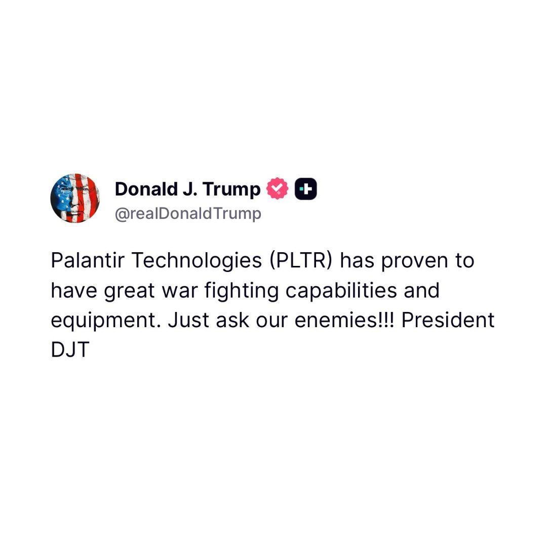 HQNewsNow's tweet photo. Trump praises mass surveillance corporation Palantir in a new post. https://t.co/PZUQPdogEZ