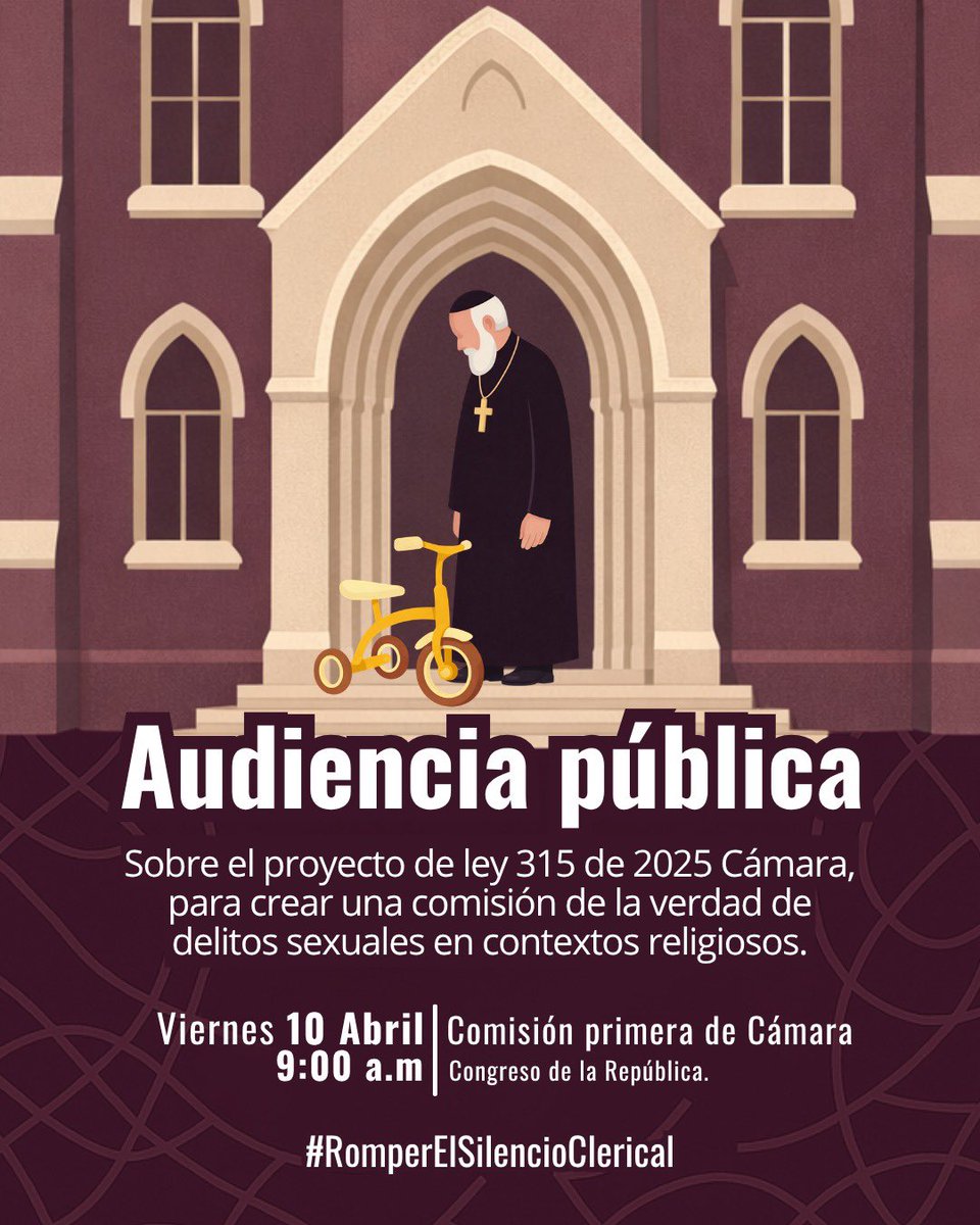 AlirioUribeMuoz's tweet photo. 🌐 INVITACIÓN #AudienciaPublica #RomperElSilencioClerical

Un espacio para escuchar a las víctimas, analizar la magnitud de los delitos sexuales en contextos religiosos y avanzar hacia la creación de una Comisión de la Verdad que permita esclarecer estos hechos, garantizar justicia y contribuir a que nunca más se repitan.

⏰ Día: viernes 10 de abril, 9:00 a. m.

📍 Conéctate aquí y sigue la transmisión en vivo: https://t.co/jOS2aNT00y

🇨🇴 #ElProyectoEsColombia con verdad, justicia y dignidad para las víctimas.