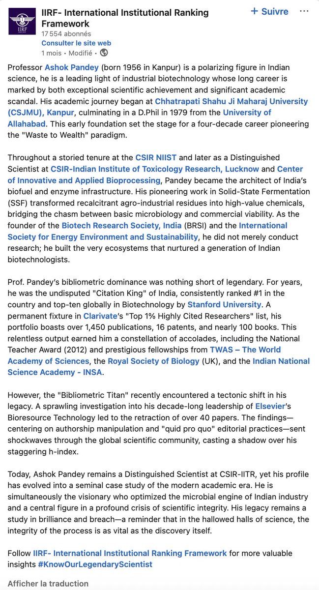 Spottingthespot's tweet image. Seriously @iirf_official???? Ashok Pandey has 45 (!!!) retractions because of #fraud and the @iirf_official is celebrating his 96,000 citations? Most of these are even due to citation fraud!! Unbelievable.