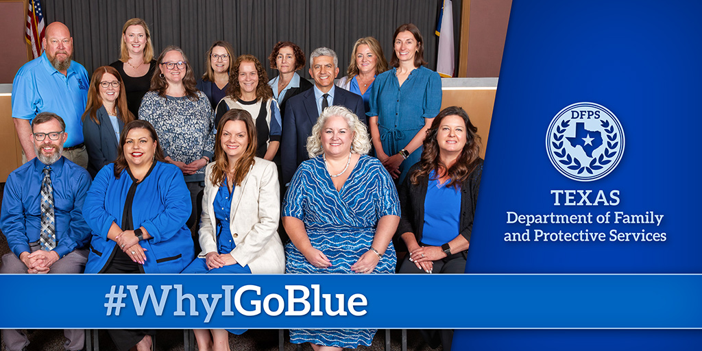 TexasDFPS's tweet image. Today is #GoBlueDay! 💙 Let’s unite to raise awareness for child abuse prevention in Texas. Wear blue, snap a pic, and tag us! 💙 #CAPM #TeamDFPS dfps.texas.gov