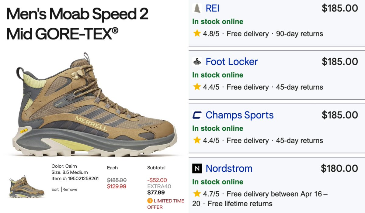 GlitchedDeals's tweet image. OVER $100 OFF MERRELL GORE-TEX HIKING BOOTS

Merrell has $185 waterproof hiking boots checking out for $78

Use code 'EXTRA40' at checkout, two colors and many sizes in stock

Selling for $180+ at other stores like REI, free shipping included

mavely.app.link/EhCI2ni6d2b #ad