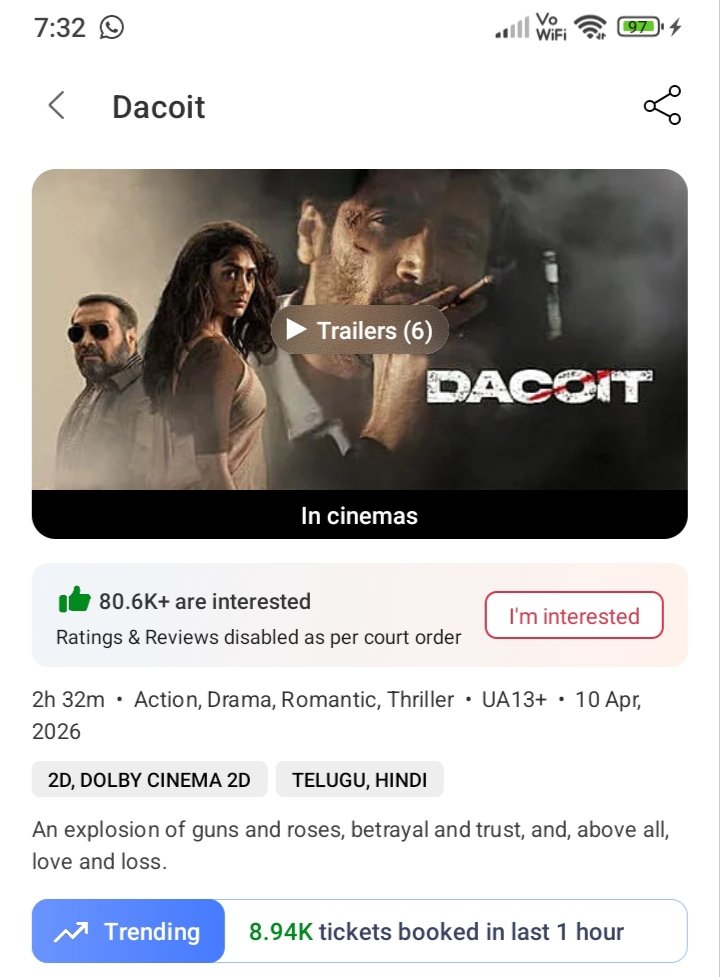 ipl_debate's tweet photo. Adivishesh Anna acting superb 💥 🎉 
Scenes matram superb 💥💥💥
Bookings  Full 📈📈📈
Trending ✴️ ✴️ ✴️ 
#Adivisesh #Dacoit https://t.co/hVHleycfZi