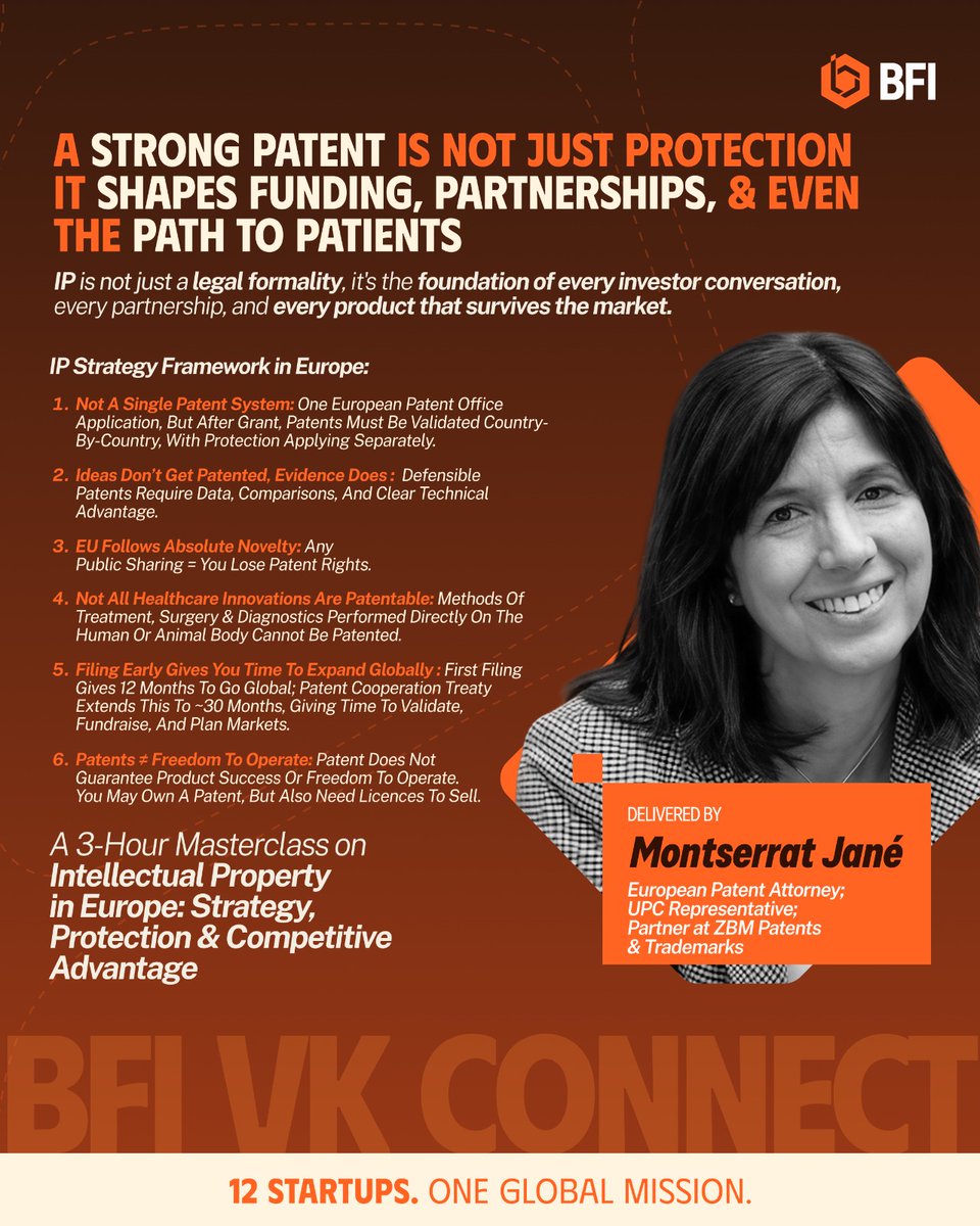BFI_Impact's tweet photo. Understanding IP in Europe goes far beyond filing a patent. It’s about timing, strategy, and the decisions you make.

At the recent BFI VK Connect Masterclass , Montserrat Jané, European Patent Attorney. UPC representative; Partner at ZBM Patents & Trademarks,  broke down how startups should think about patents not just as protection only but as a tool for growth, partnerships, and long term advantage.

The session challenged founders to rethink patents not as legal checkboxes, but as levers for control and credibility. From absolute novelty to global filing strategy, every choice shapes what you can protect and what you might lose.