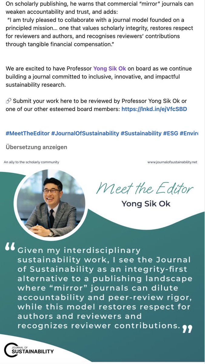 Spottingthespot's tweet image. Now that the major publishers are kicking Yong Sik Ok out of their editorial boards he moved to an obscure (predatory) journal: The Journal of Sustainability. Will he continue his #papermill #fraud here? Ashok Pandey (45 retractions) is also an editor👇 journalofsustainability.net/editors/
