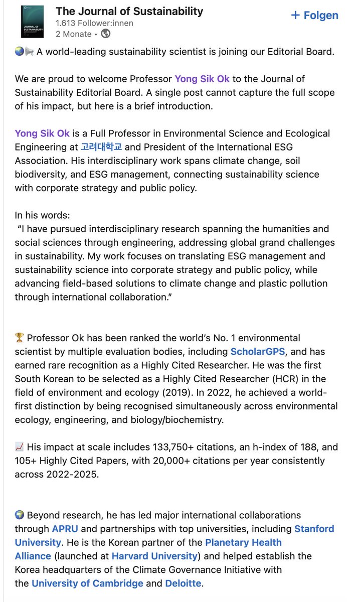 Spottingthespot's tweet image. Now that the major publishers are kicking Yong Sik Ok out of their editorial boards he moved to an obscure (predatory) journal: The Journal of Sustainability. Will he continue his #papermill #fraud here? Ashok Pandey (45 retractions) is also an editor👇 journalofsustainability.net/editors/