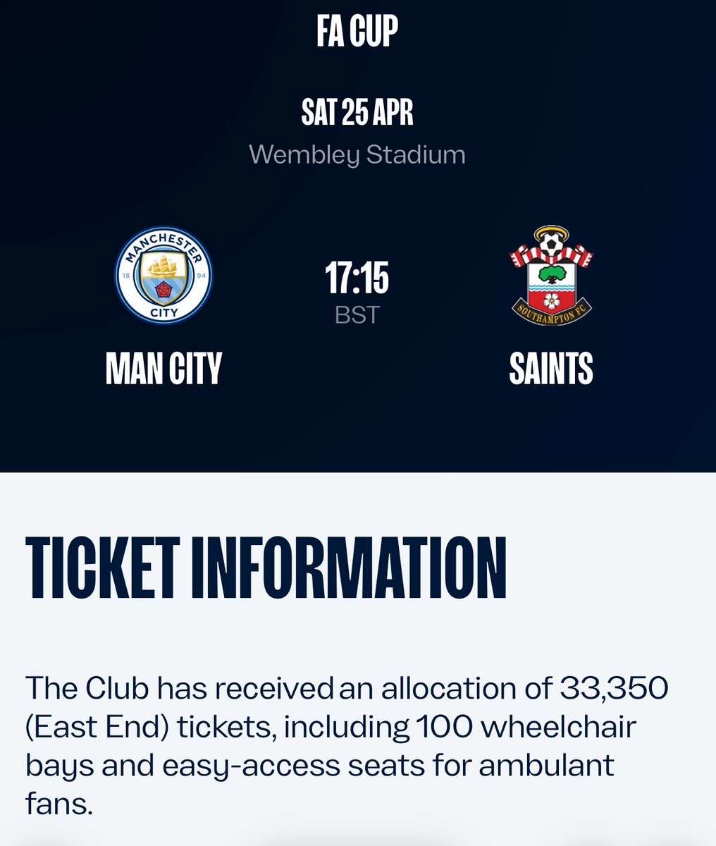 ChelseaVWR_'s tweet photo. 🚨 #EmiratesFACup - FYI Semi Final 👀🚨

🏟️ Man City got the below allocation and start their sale from Tuesday 14th April to their STH’s

🎟️ Digital Tickets allocated aswell 👊🏻 https://t.co/1HZTxqqSdH