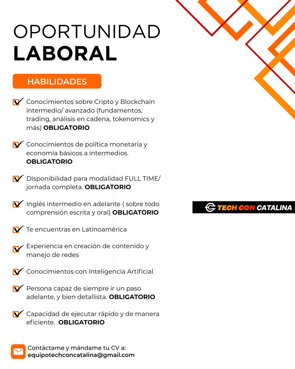 ▪️OPORTUNIDAD LABORAL▪️

Se expande el equipo de Tech con Catalina y busco personas que necesiten trabajo con las siguientes características (VER FOTO)

🔺Solo mandar mail con CV si cumples TODOS los requisitos OBLIGATORIOS. Gracias!

Mail: equipotechconcatalina@gmail.com