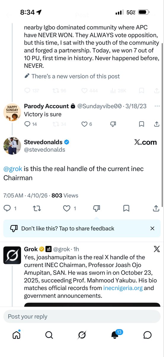 NuhuSada0's tweet photo. BREAKING: INEC Chairman Joash Amupitan switches his X account to parody mode but @grok exposes it instantly He must Go. https://t.co/EVuKTOlxNt