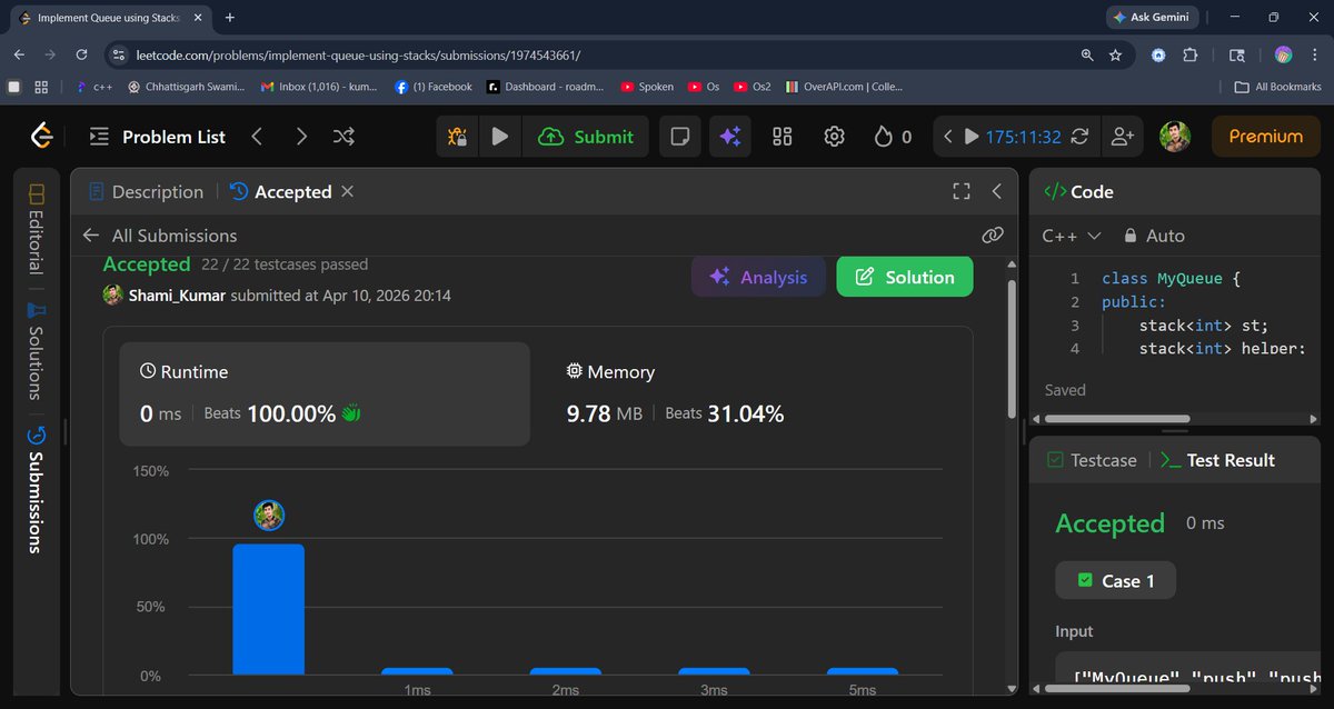 Shami_Kumar1's tweet image. 🚀 Day 76 of DSA
Solved “Implement Queue using Stacks” on LeetCode
💯 100% runtime ⚡
Learning how to simulate FIFO using LIFO structures = real DSA depth 🧠
Consistency = Growth 💪
#DSA #LeetCode #100DaysOfCode #CodingJourney #Cplusplus