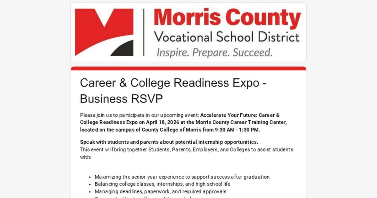 MCEconDev's tweet photo. The Morris County Vocational School District presents its first Career &amp; College Readiness Expo on April 18! Students and families are invited to talk with professionals in college and in the workplace.

Businesses can register here https://t.co/1oqznnXPyD to participate. https://t.co/AcEfxniiAa