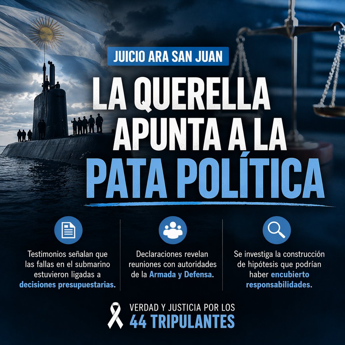 ⚖️ ARA San Juan: la querella apunta a la “pata política”

En el juicio que se desarrolla en Río Gallegos, la querella mayoritaria de familiares del ARA San Juan advirtió que comienzan a surgir elementos que vinculan decisiones políticas con el caso.

🗣️ El ex jefe de División