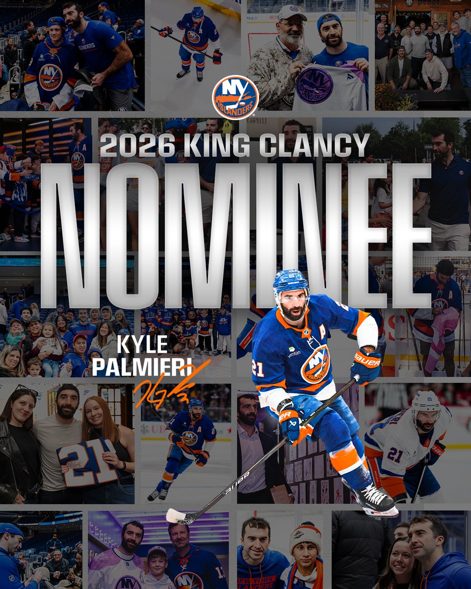 NYIslanders's tweet photo. Kyle Palmieri was named the #Isles Nominee for the 2025-2026 King Clancy Memorial Trophy!