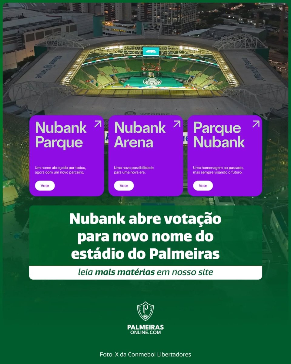 palmeirasonline's tweet photo. 🏟 Qual deve ser o novo nome? O Nubank vai assumir os naming rights do estádio do Palmeiras, anteriormente chamado de Allianz Parque, após acordo selado com a WTorre nesta sexta-feira (10). Buscando definir qual será o novo nome da casa do Verdão, o banco digital abriu uma… https://t.co/PZmmylIuYX