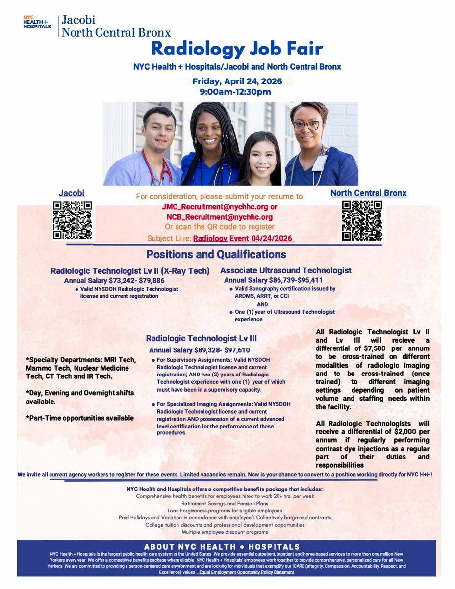JacobiNCBHosp's tweet image. Radiology Job Fair — April 24, 2026 • 9:00–12:30. Hiring Radiologic &amp;amp; Ultrasound Technologists at NYC Health + Hospitals Jacobi &amp;amp; NCB. Email resume: JMC_Recruitment@nychhc.org or NCB_Recruitment@nychhc.org. Scan the QR to register.
#JobFair #RadiologyJobs #HealthcareCareers