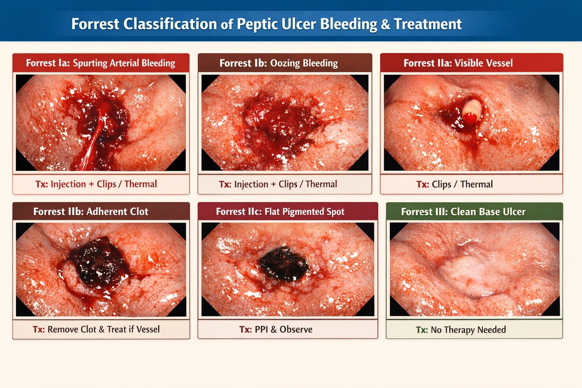 no1amkk's tweet photo. Peptic ulcer disease endoscopic appearance and the respective treatment according to forest classification.
#UpperGIBleed #GIBleeding #Gastroenterology #EmergencyMedicine #AcuteCare #CriticalCare https://t.co/oYpM9tDLB3