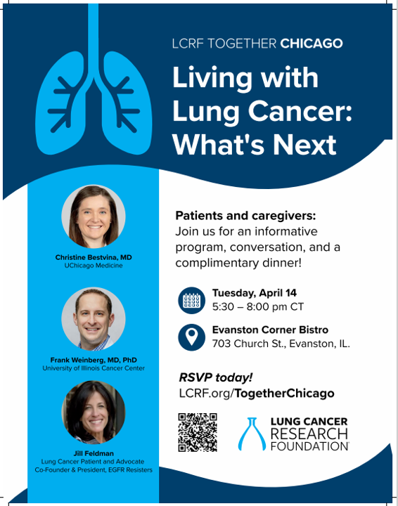 UCCancerCenter's tweet photo. Attention lung cancer patients and caregivers: Dr. Christine Bestvina, MD (@ChristineBestv1) will be speaking at a #TogetherChicago educational session organized by the #LungCancerResearchFoundation. Please join to hear from Dr. Bestvina and other lung cancer experts. @lcrf_org https://t.co/Fb0GKDC2yN