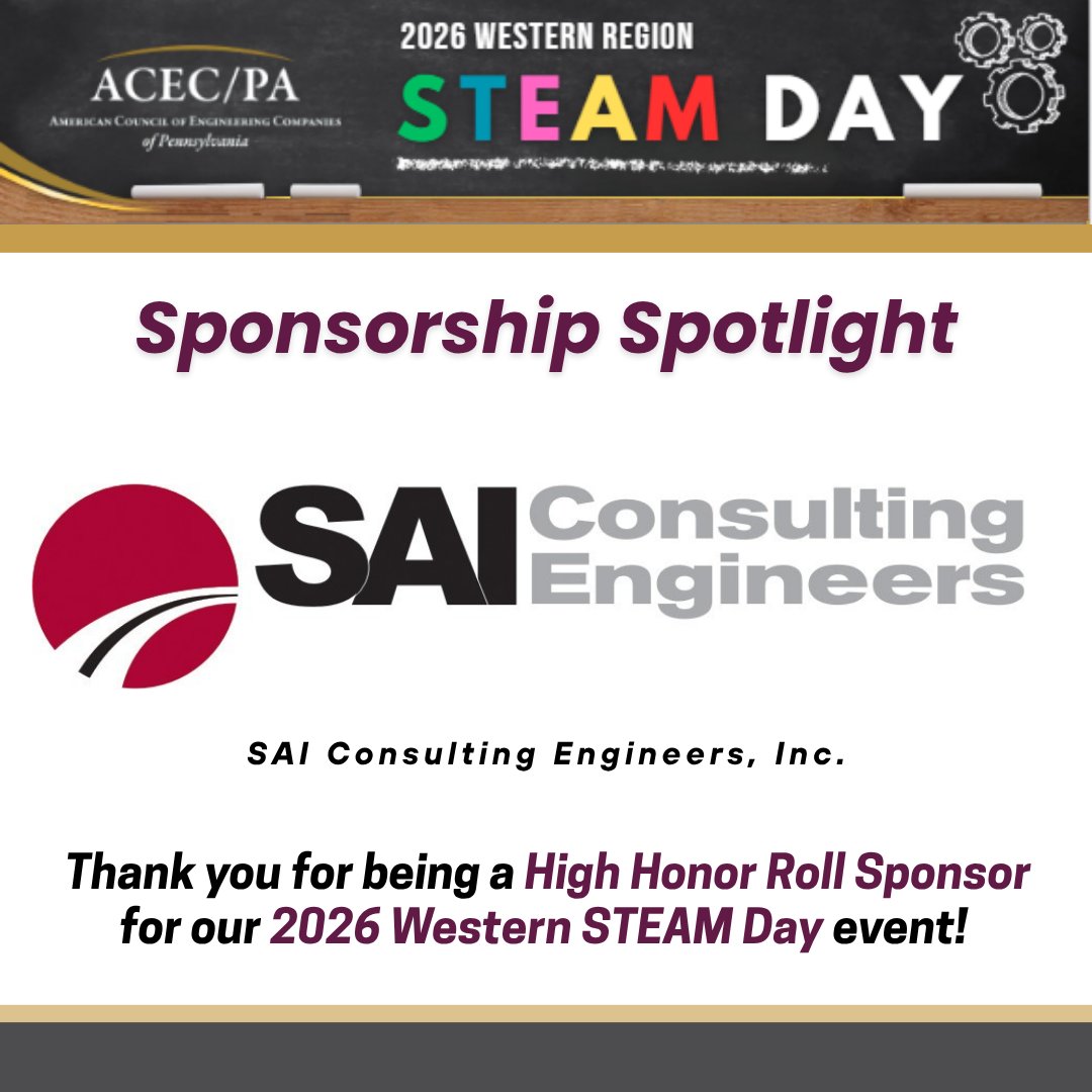 ACEC_PA's tweet photo. Thank you to @SAIENGR, a High Honor Roll Sponsor, for supporting ACEC/PA’s inaugural STEAM Day on April 17!

#ACECPA #STEAM #STEM #InvestInYourAssociation #SponsorshipThankYou https://t.co/mFEIRq8dsA
