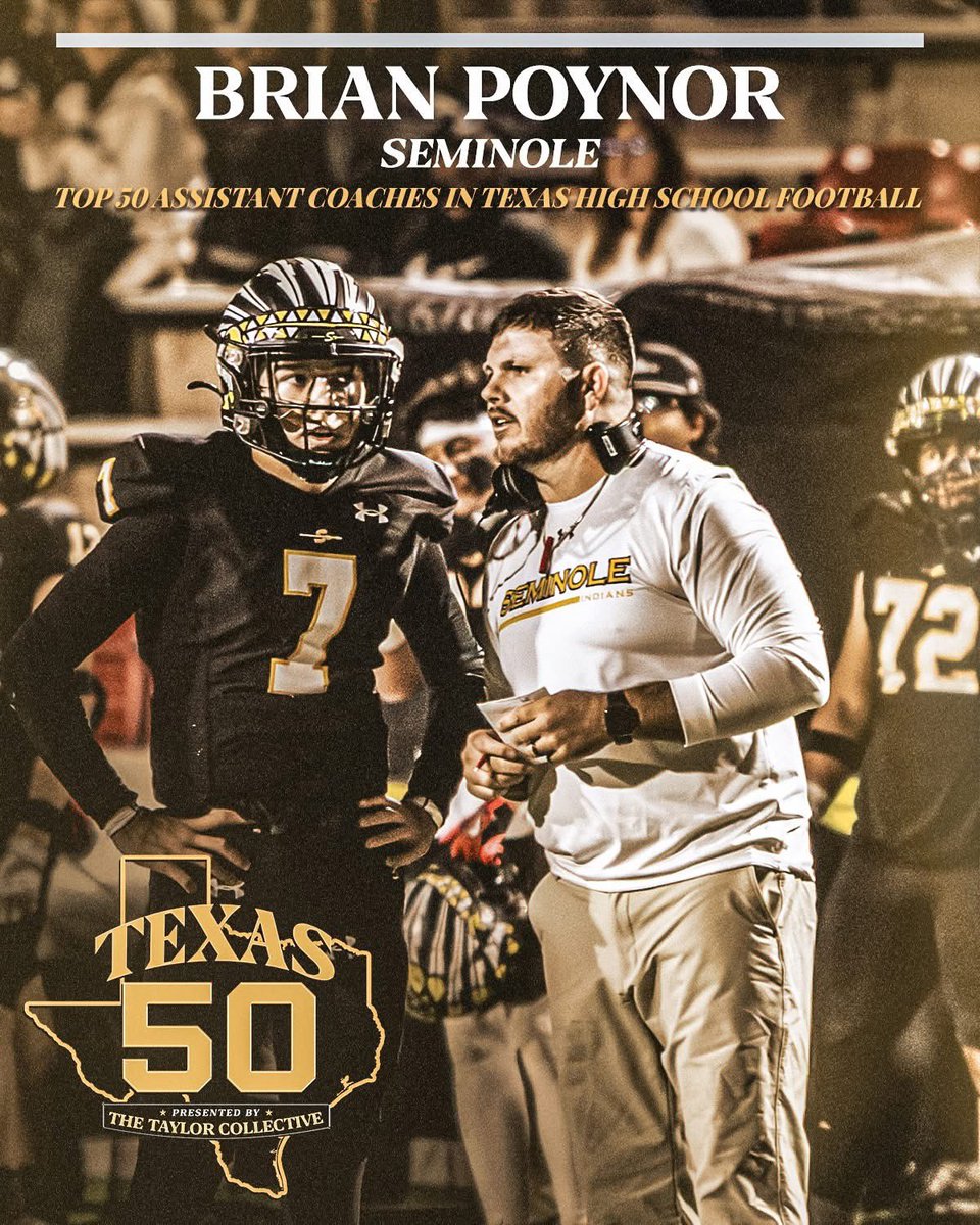 SHSIndianFB's tweet photo. Congrats to Seminole OC Brian Poynor (@CoachPoynorSHS) for being recognized by the @TaylorCollectiv‼️

50 of the top assistant coaches in TX high school football - recognized for the impact they’re making in their programs and communities.

Full release: https://t.co/zTLry7X7DO https://t.co/AT5j2LeEYU