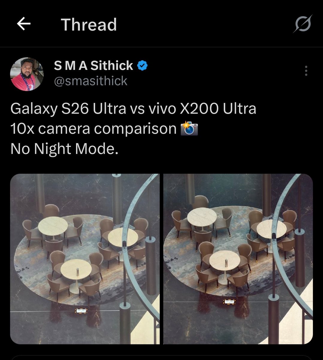 smasithick's tweet image. 🚨 Update 2 - Galaxy S26 Ultra Camera Issue

As mentioned in Update 1, @SamsungIndia collected logs from my device. During the call, they also asked if I’m facing issues in daylight. I confirmed, there’s a hazy image issue at 10x even in daylight.

Next, I received calls from