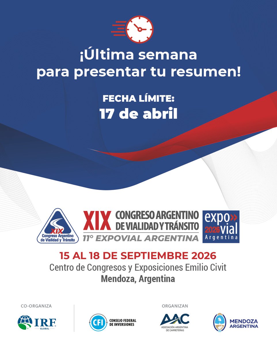 AACarreteras's tweet photo. 🚦 Última semana para presentar resúmenes 🚦

🚨 No dejes pasar la oportunidad de ser parte del XIX Congreso Argentino de Vialidad y Tránsito.

🔗 Cargá tu resumen a través de la web https://t.co/9A0gkExSE6

📆 Fecha límite: 17 de abril

#XIXCAVyT #Congreso #Vialidad #Transito https://t.co/fUMCy39pQo