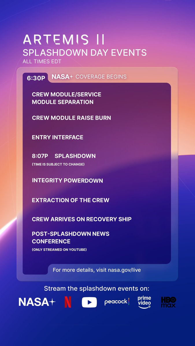 SNHWx's tweet image. After 10 days in space, splashdown day for @NASAArtemis has arrived! 

Splashdown will occur off the coast of San Diego, California at 8:07 pm EDT (00:00 UTC) with all the same livestream opportunities as the Moon flyby, listed at the bottom of the attached schedule. 🚀