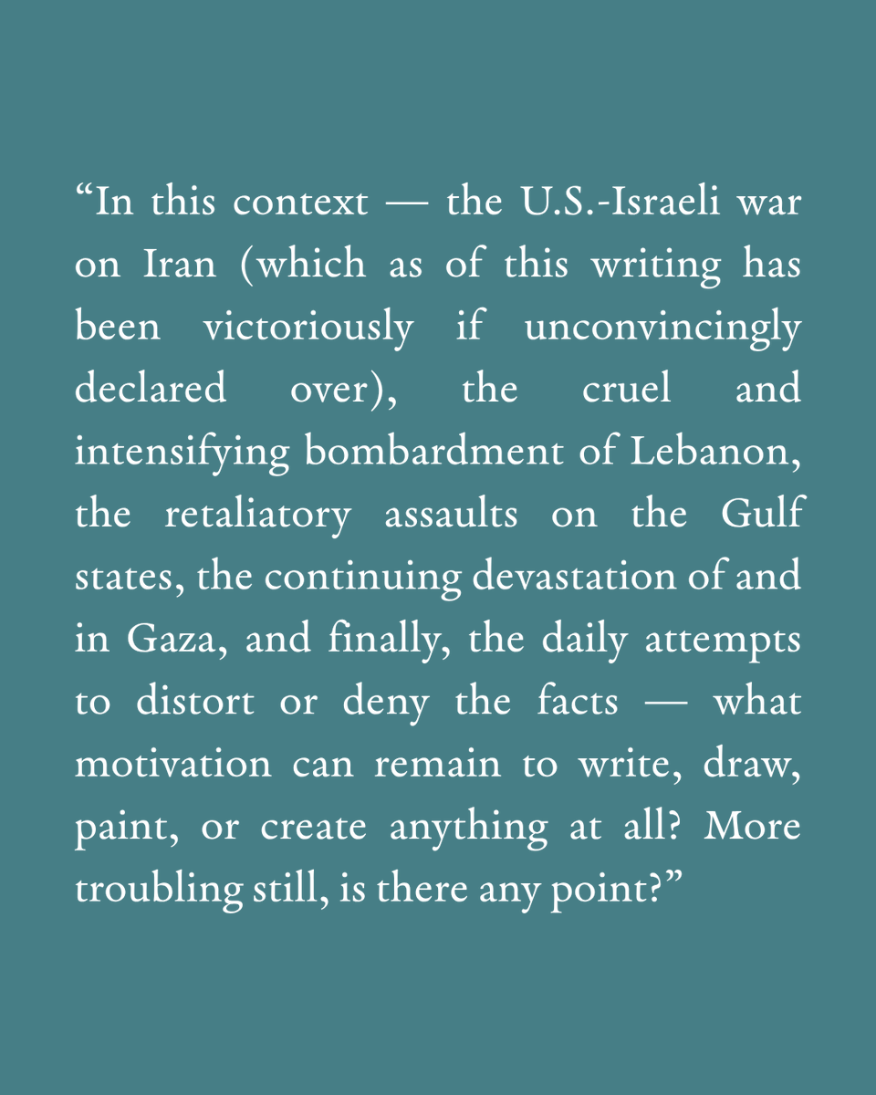 TheMarkazReview's tweet photo. 📰 [TMR WEEKLY]

Latest articles in TMR Weekly:

•   Regardless of where you get your news these days, when you consult your given medium, you will see that the world is still, relentlessly, at war. TMR asked a few writers and artists where and what they are creating in this time of deep, violent conflict.

 🔗 Read now: https://t.co/s0eLpJl365 

• Amal Ghandour (@ghandour_ag) takes the measure of Israel's assaults on Lebanon in the present ceasefire.

 🔗 Read now: https://t.co/5FxpHRUqNb 

• Darío Karim Pomar Azar (@dkpomarazar) reflects on Lana Daher’s Do You Love Me and how the film draws our attention to the internal rhymes and rhythms of collective memory.

 🔗 Read now: https://t.co/nSsBRZsX1Y 

#TMRWeekly #TheMarkazReview #AmalGhandour #DaríoKarimPomarAzar #writersofinstagram #writingcommunity #bookstagram #readersofinstagram #artandculture #middleeastculture #arabicliterature #independentpublishing #culturematters #readingcommunity #Lebanon #SWANA