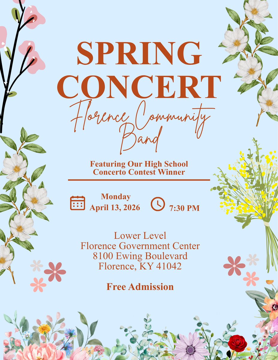 CityofFlorence's tweet image. Spring is in the air… and so is the sound of live music! Join the Florence Community Band for a Spring Concert you will not want to miss Monday, April 13, 2026, at 7:30 PM!
#CommunityBand #SupportLocalArtists #FlorenceEvents #MondayMotivation