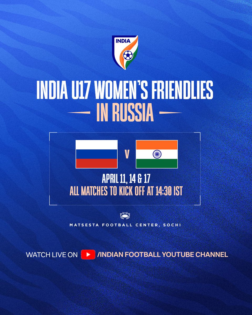IndianFootball's tweet photo. The U17 #YoungTigresses' three friendlies against Russia will be streamed live on https://t.co/JphlCk8Kum ๐บ
๐ท๐บ๐๐ฎ๐ณ
๐
11, 14 & 17 April
๐ 14:30 IST
๐Sochi, Russia
#RUSIND #IndianFootball https://t.co/QDcgjb26FQ