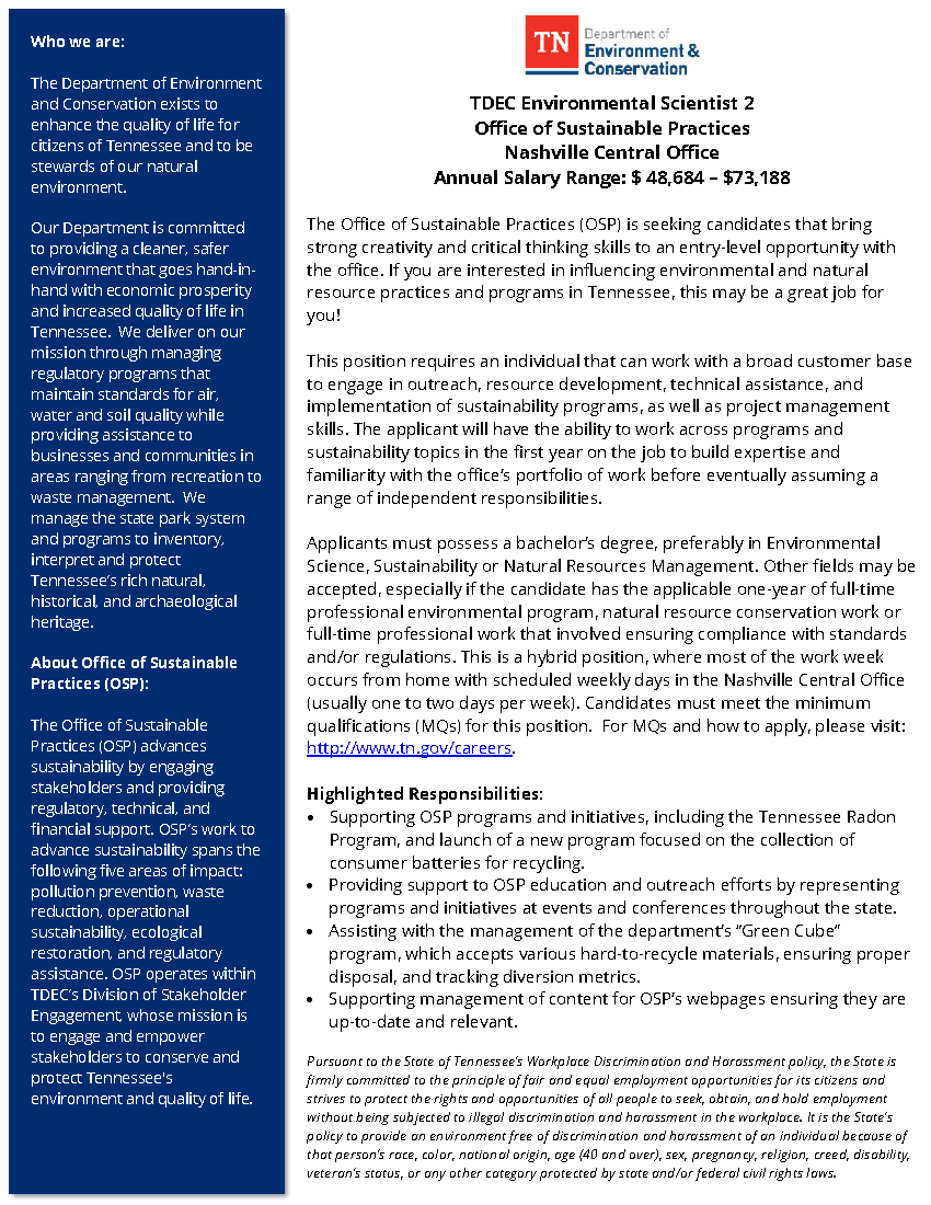 TNSmallBizBuzz's tweet photo. 📰Exciting News! Our Office of Sustainable Practices has a position open for you to join our team!

The application closes on April 27th, so apply soon!

To find the job posting, you can visit https://t.co/BT3KThYX0D https://t.co/9qpENSOgdy