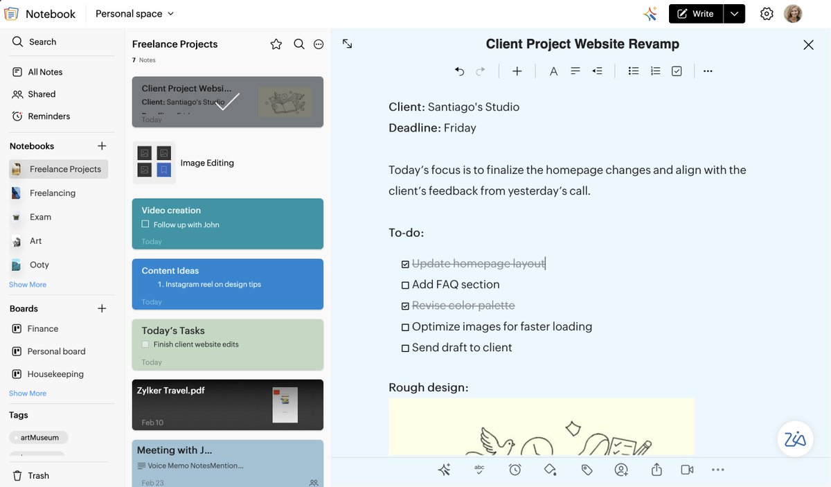 ZohoNotebook's tweet image. Are you a #freelancer juggling everything on your own? 🧑‍💻

#Freelancing isn’t just about doing the work. It’s managing clients, tracking tasks, capturing ideas, and keeping everything from falling through the cracks.

If your day feels all over the place, you’re not alone.