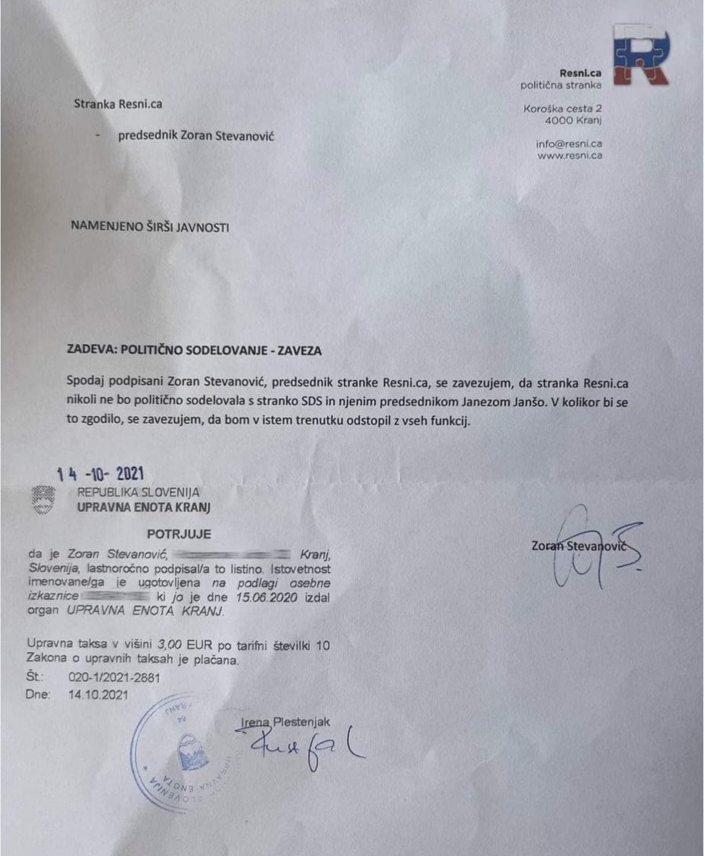 DKaloh's tweet image. Kar smo včeraj vsi politični poznavalci slutili, se je danes tudi dejansko zgodilo. Janša se je zlizal z osebkom, ki mu je na ulici rušil lastno vlado. In ta osebek, je na upravni enoti overil izjavo, da z SDS in Janšo ne bo nikoli sodeloval. Dragi Slovenci in Slovenke, bolj lepo