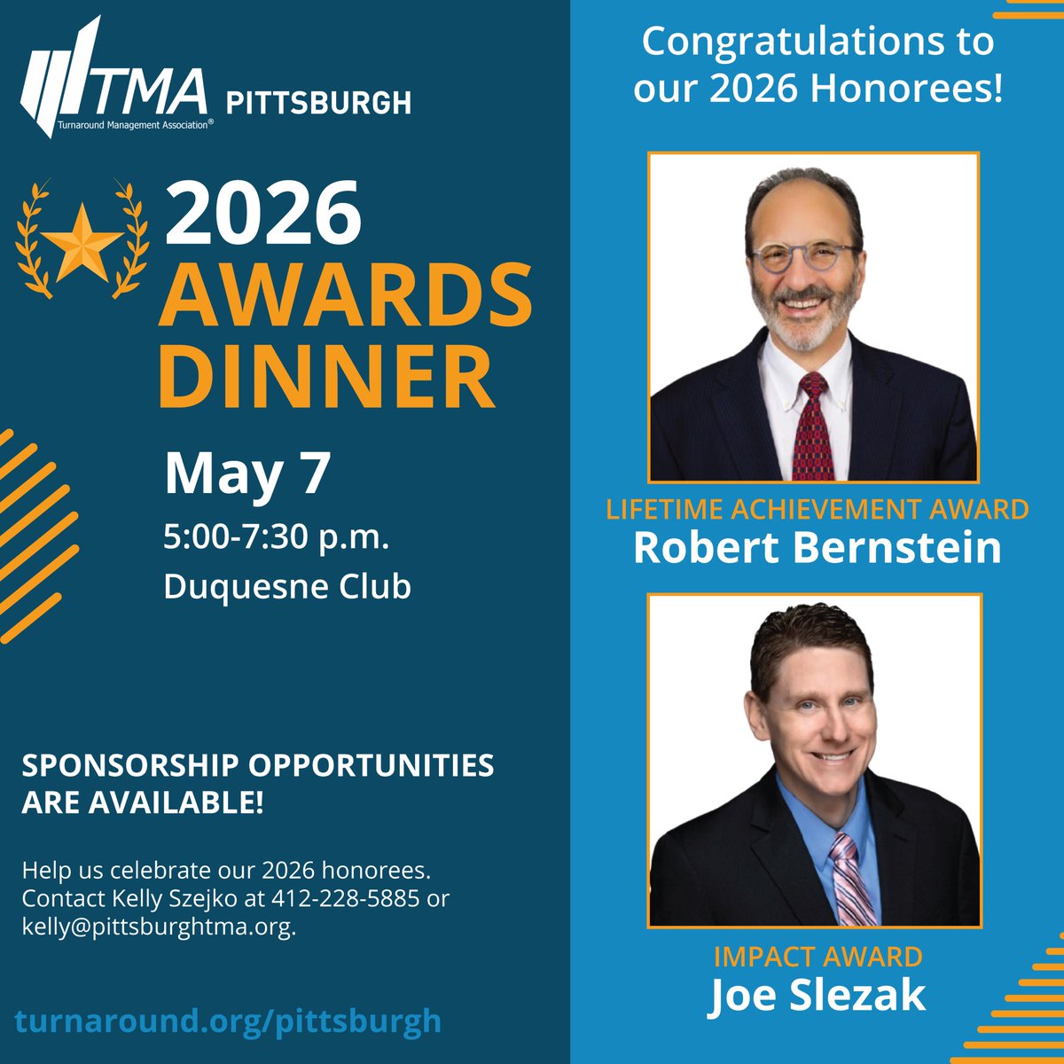 TMAPittsburgh's tweet photo. TMA Pittsburgh is honored to highlight the exceptional accomplishments of these two distinguished awardees during our Awards Dinner on May 7.

Register today to help us recognize their outstanding impact within the turnaround community: https://t.co/qsXnh0AH8i https://t.co/3YCuaPCjFx