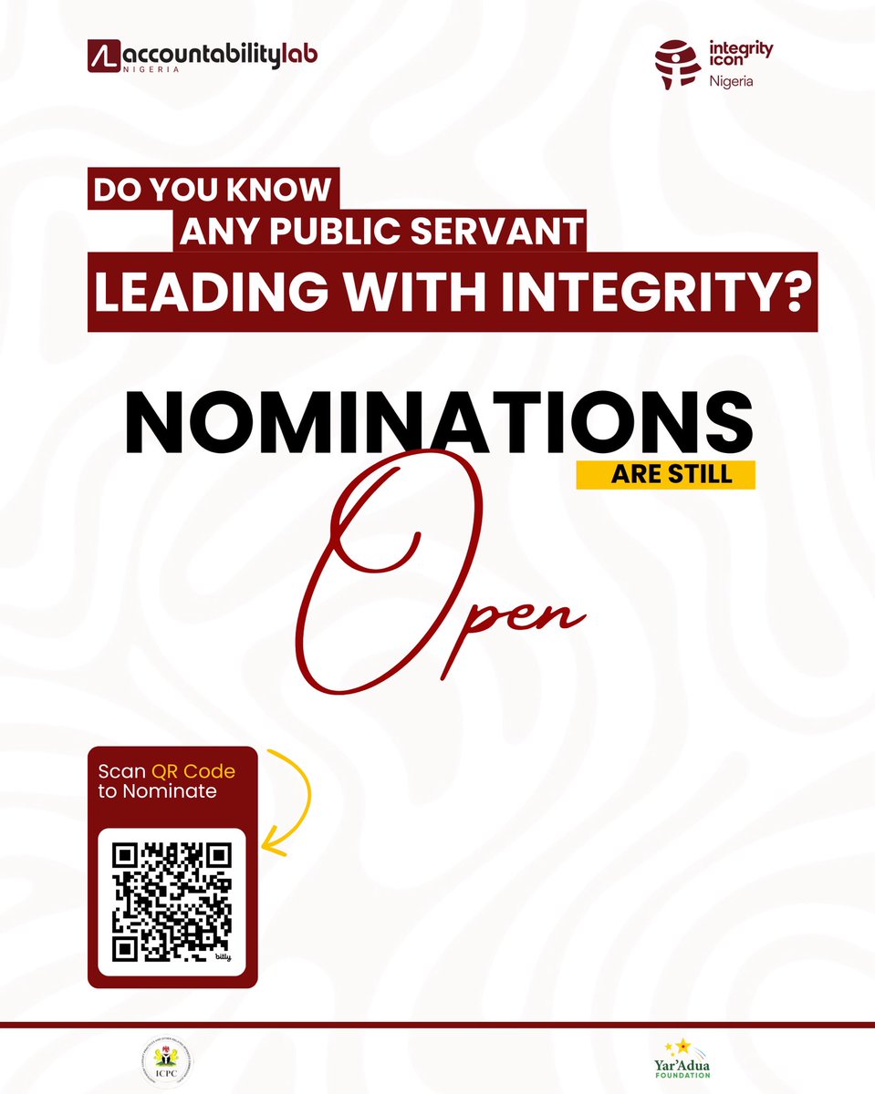 accountlabng's tweet photo. Do you know a public servant who deserves this recognition?
✍🏾Nominate them today via the link in below ⬇️
https://t.co/VSVXXkIRhQ
#bethechange #IIN2026 #integrityiconng https://t.co/aXCwhQqKQq