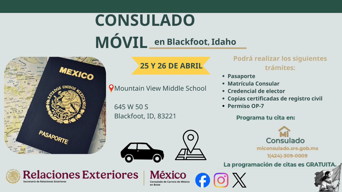 🗓🚐 Consulado Móvil en Blackfoot, ID

📅 Sábado 25 y domingo 26 de abril

📍 645 W 50 S, Blackfoot, ID, 83221.

PARA HACER TU CITA
☎️424 309 0009