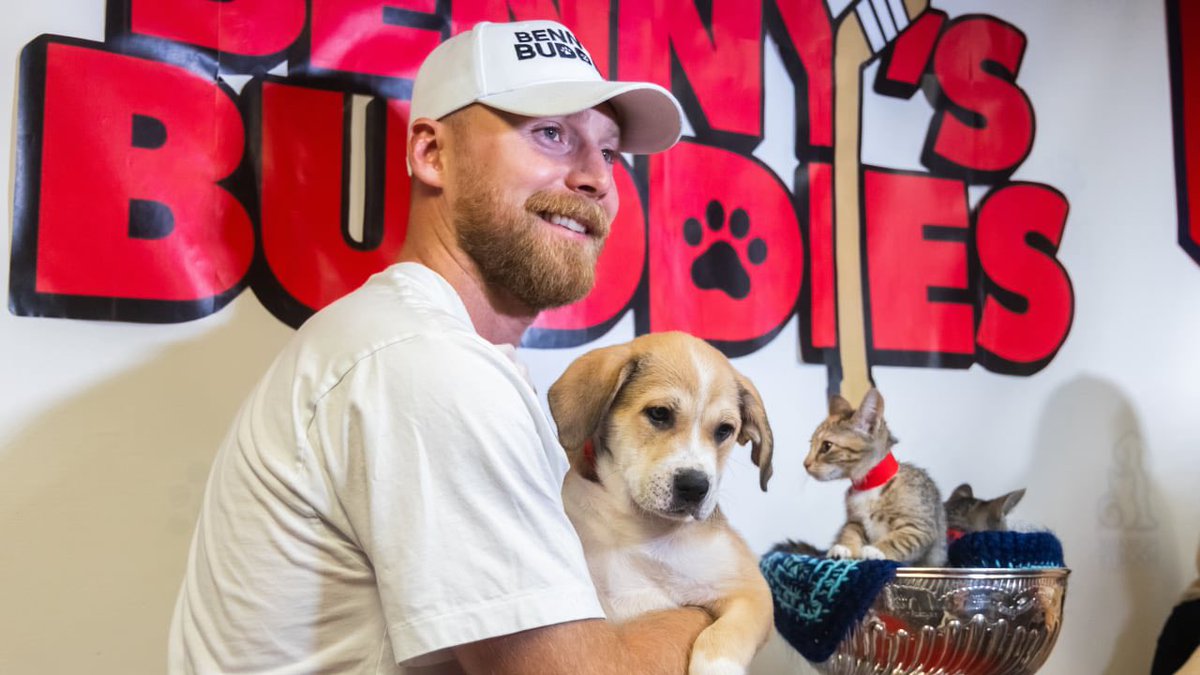 FlaPanthersPR's tweet photo. Sam Bennett is the @flapanthers nominee for this year's #KingClancy Trophy for his work with Benny's Buddies and the Humane Society of Broward County. 

Since 2024-25, @SBennett93 has sponsored the adoption fee of a pet at the local shelter for every goal scored. Over 55 animals have found homes through the program.