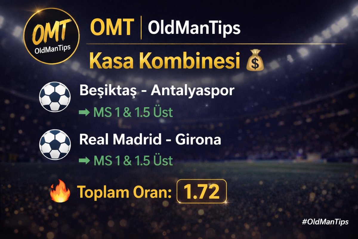 Oldmantips1's tweet photo. Kasa Kombinesi 💰
Beşiktaş – Antalyaspor
➡️ MS 1 & 1.5 Üst
Real Madrid – Girona
➡️ MS 1 & 1.5 Üst
🔥 Toplam Oran: 1.72
Düşük risk, dengeli kazanç.
Planlı oynayan kazanır 👊
#OldManTips #idda #bahis #kupon #oran #tahmin #futbol #kombin https://t.co/x7wrYCmVRj