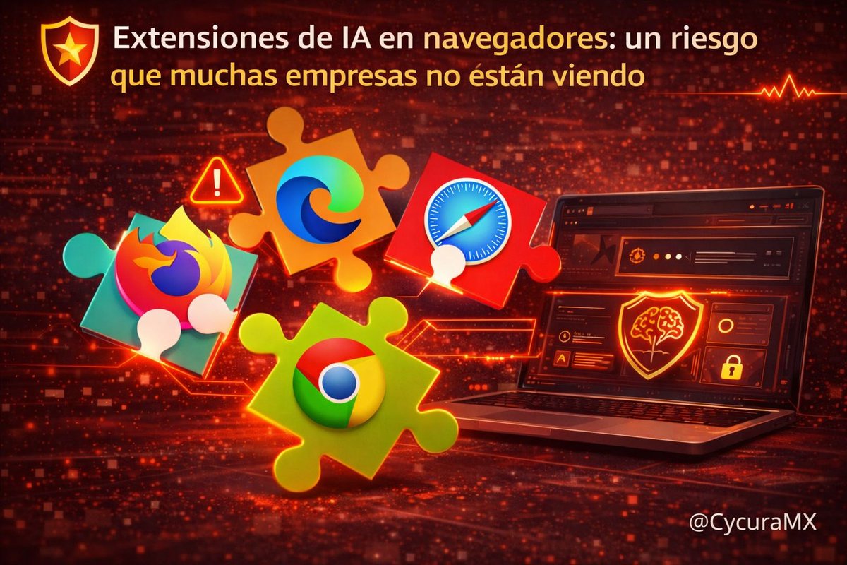 CycuraMX's tweet photo. 🛡️ Extensiones de IA en navegadores: un riesgo que muchas empresas no están viendo

Las extensiones de IA ya entraron al entorno de trabajo de muchas empresas. 

Se instalan dentro del navegador y pueden acceder a lo que el usuario ve, escribe y mantiene abierto en sus sesiones.

El problema no es solo la herramienta. 

El riesgo está en los permisos que recibe y en la poca visibilidad que normalmente tiene TI sobre ese acceso.

⚠️ ¿Qué pasó?

Según LayerX, las extensiones de IA se han vuelto un canal de consumo de IA poco vigilado dentro de las empresas. 

Una extensión es un complemento que agrega funciones al navegador. 

El problema es que muchas piden permisos, es decir, autorizaciones para:

- Leer páginas
- Controlar pestañas
- Revisar cookies

El reporte señala que estas extensiones son más propensas a tener:

- Vulnerabilidades
- Cambiar permisos con el tiempo
- Ejecutar instrucciones descargadas desde internet dentro del navegador. 

Eso las vuelve parecidas a otros ataques de cadena de suministro digital.

Donde entran por un tercero confiable y terminan con acceso a información sensible.

💡 ¿Qué deben hacer?

Aprueben solo extensiones con proveedor claro, política de privacidad y mantenimiento reciente.

Bloqueen extensiones que lean cookies, ejecuten scripts remotos o pidan control amplio del navegador.

Revisen cambios de permisos después de cada actualización.

Capaciten al personal para no instalar “atajos” de IA sin autorización.

Apliquen esta misma regla a equipos propios, remotos y proveedores.