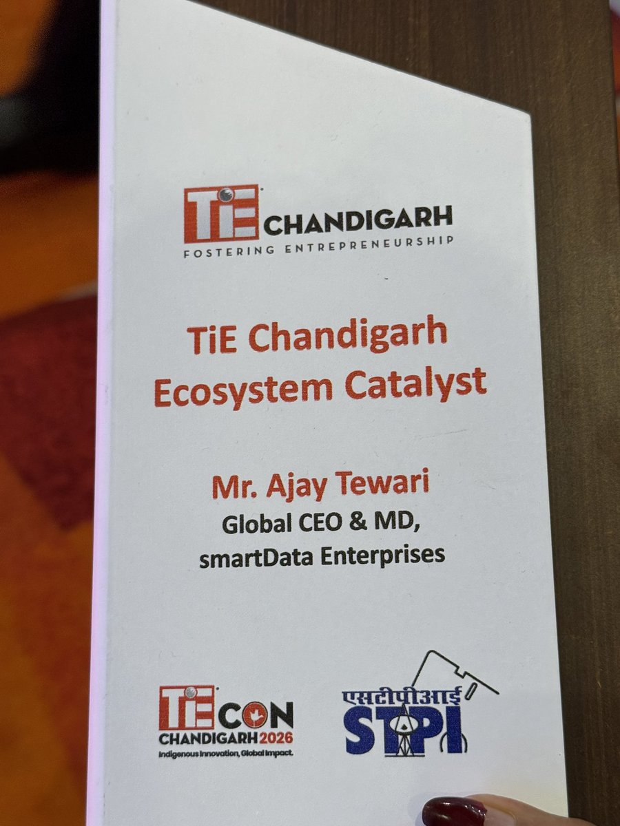smartDataIncLtd's tweet photo. Proud moment for Team smartData 🎉 

Our MD &amp; Co-Founder, Ajay Tewari @tavarejay was honoured at #TiECON Chandigarh 2026 by the Hon'ble CM of Haryana as the TiE Chandigarh Ecosystem Catalyst.

A recognition well deserved. 🙏 #smartData #TiECON2026 #Chandigarh https://t.co/Q88Rk6q5e2