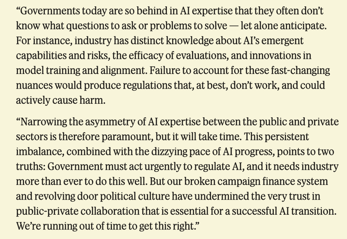 vivekchil's tweet photo. Shared some thoughts with @semafor's @mchalfant16 about the urgency of narrowing the AI expertise gap between government and industry. The gap is so large now that governments often don't even know the right questions to ask or risks to anticipate. Not good. https://t.co/t1ltv0OCgg